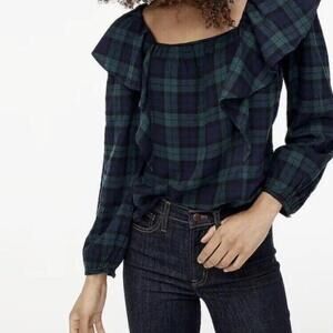 J Crew Size Medium Blue Green Flannel Ruffle Blouse Work Plaid Clueless Fall